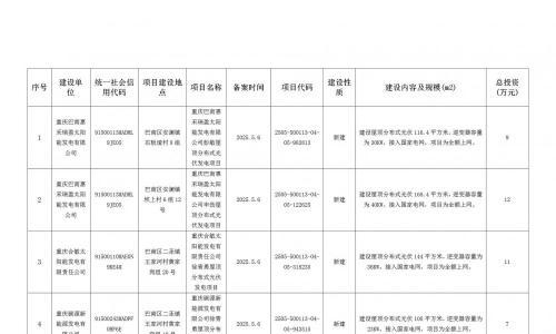 涉及40个光伏!重庆市巴南区发改委2025年企业投资项目备案统计表(5月)发布