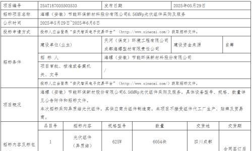 海螺节能异质结组件招标出炉,华晟、鸿钧、恒羲光伏三家入围