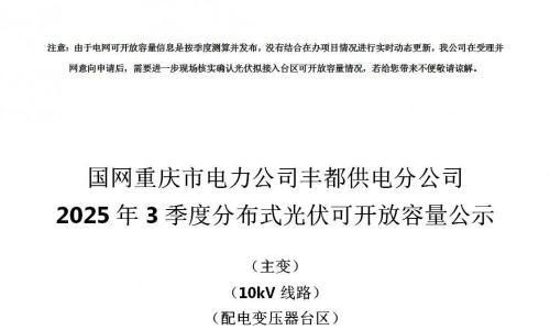 683.85MW!重庆丰都县2025年三季度分布式光伏可开放容量公示