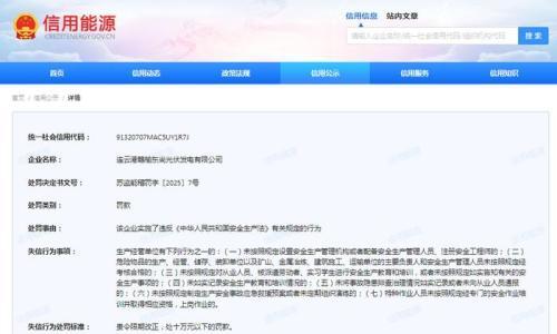 违反安全生产法,连云港赣榆东尚光伏发电有限公司被罚10万元