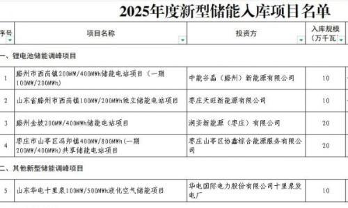 枣庄6个新型储能项目入选2025年度省级入库名单